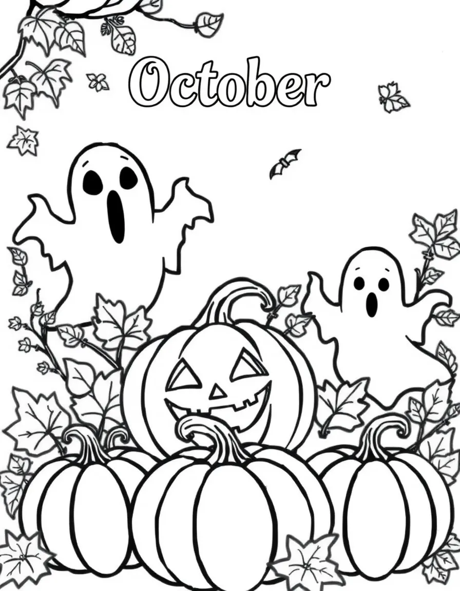 Spooky coloring page with pumpkins, autumn leaves, and friendly ghosts. Title "October" on the top