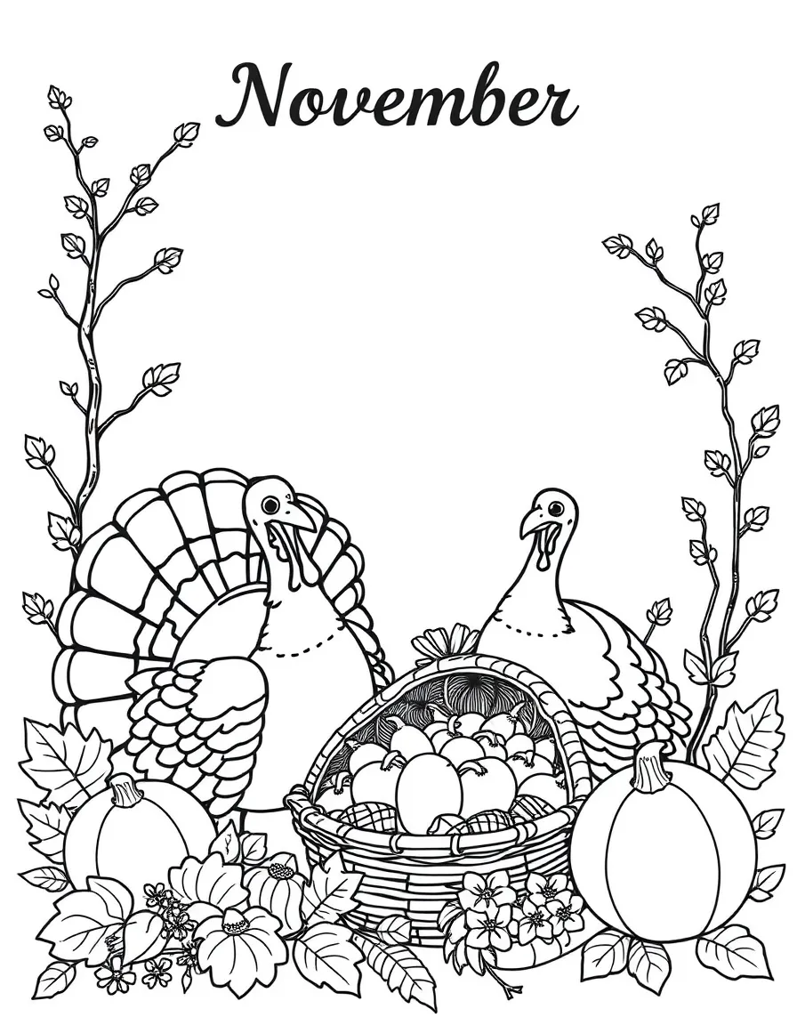 Grateful coloring page with turkeys, cornucopias, and fall harvest. Title "November" on the top