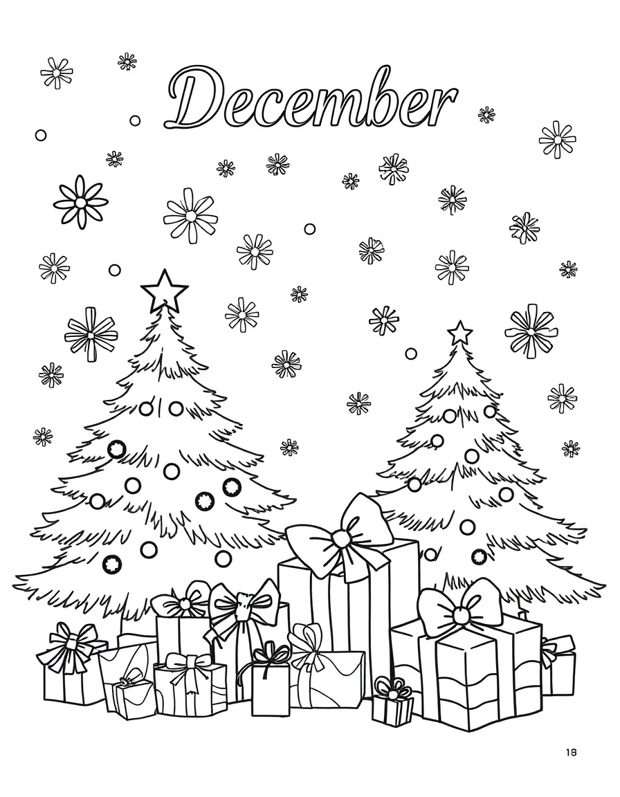 Festive coloring page with Christmas trees, snowflakes, and wrapped presents. Title "December" on the top