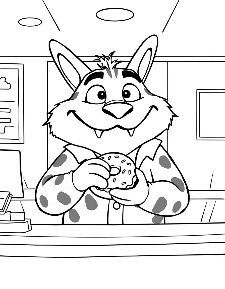 (Zootopia) Clawhauser eating a donut at the front desk  