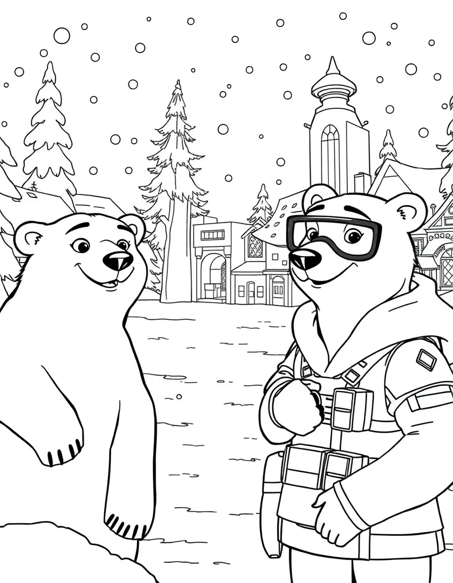 (Zootopia) A snowy scene from Tundratown with polar bear bodyguards  