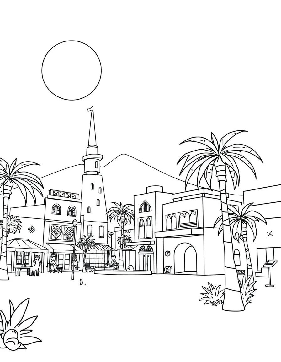 (Zootopia) Sahara Square with desert buildings and palm trees  
