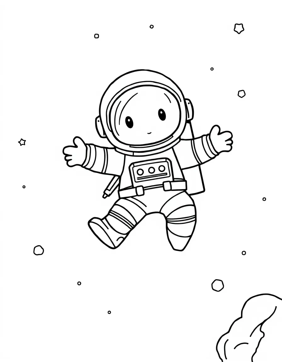 Cute cartoon astronaut floating in space coloring book page
