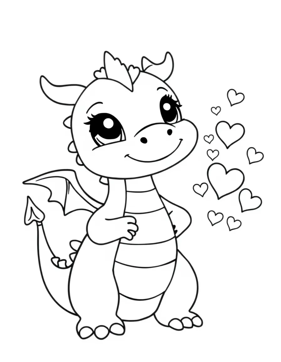 Cute cartoon dragon breathing tiny hearts coloring book page