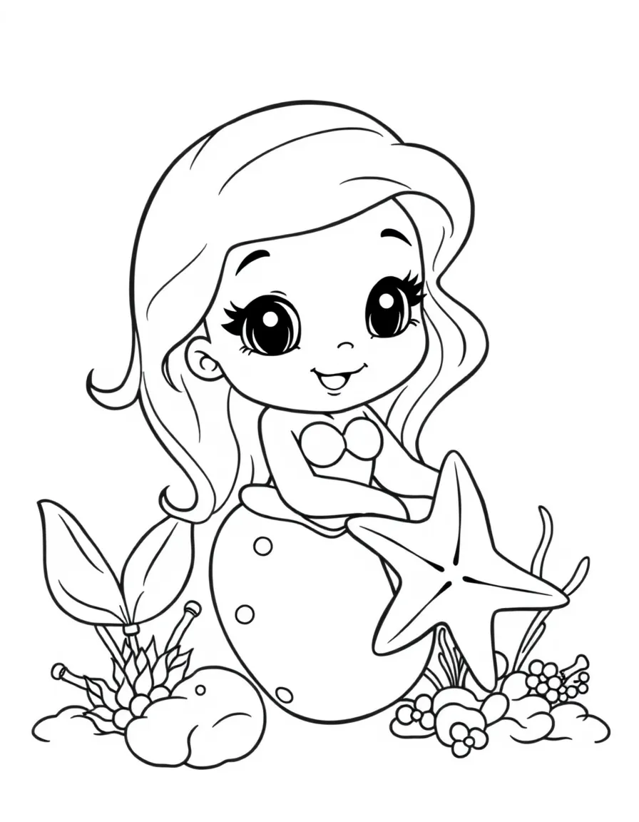 Cute cartoon mermaid playing with a starfish coloring book page
