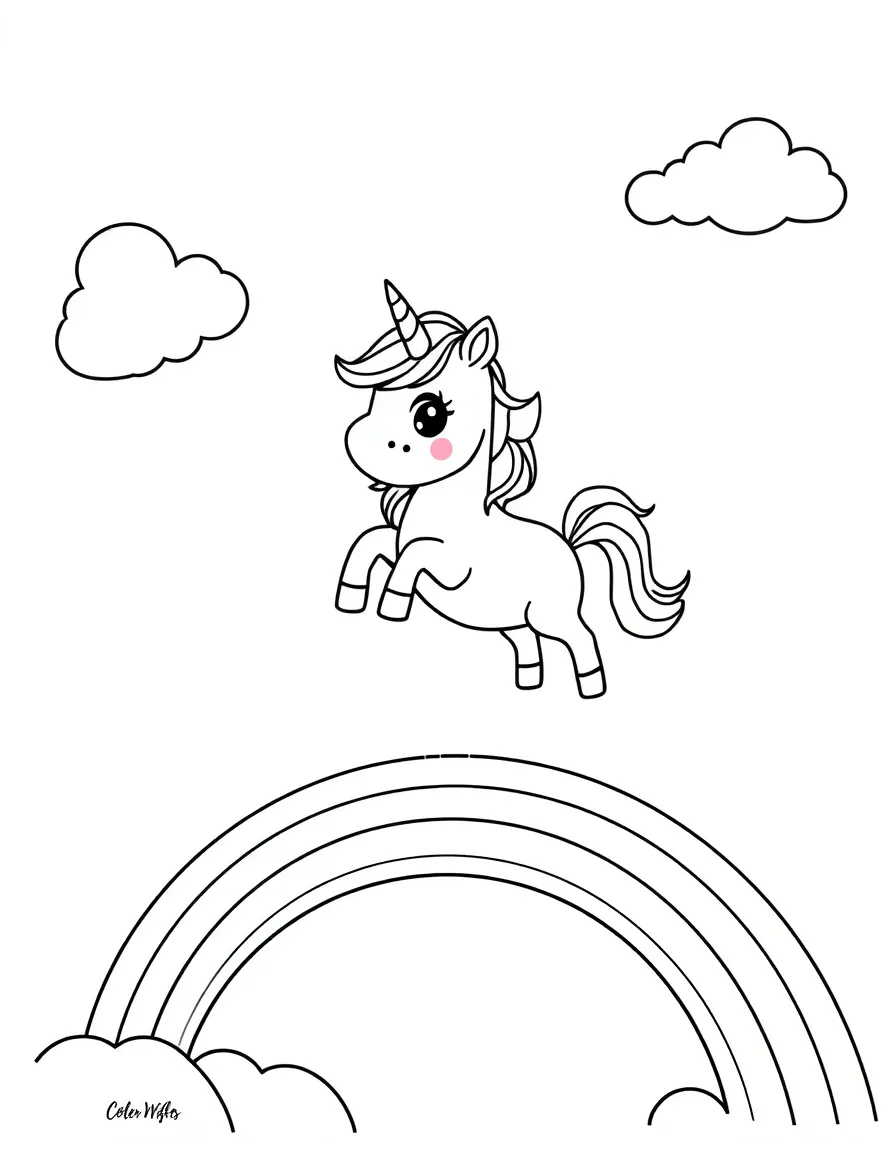 Cute cartoon unicorn jumping over a rainbow coloring book page