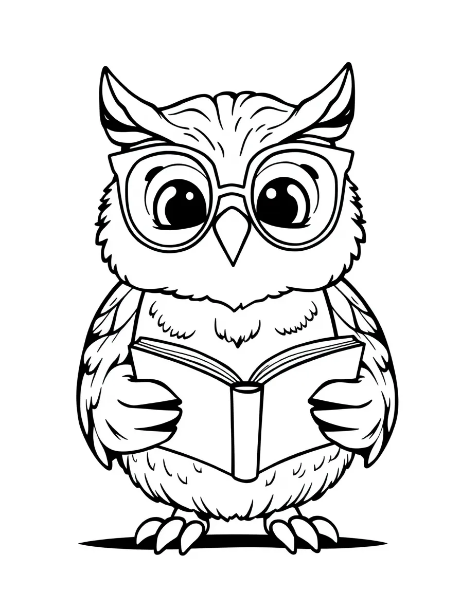 Cute cartoon owl wearing glasses reading a book coloring book page