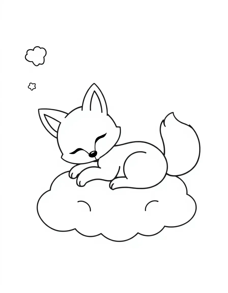 Cute cartoon fox sleeping on a cloud coloring book page