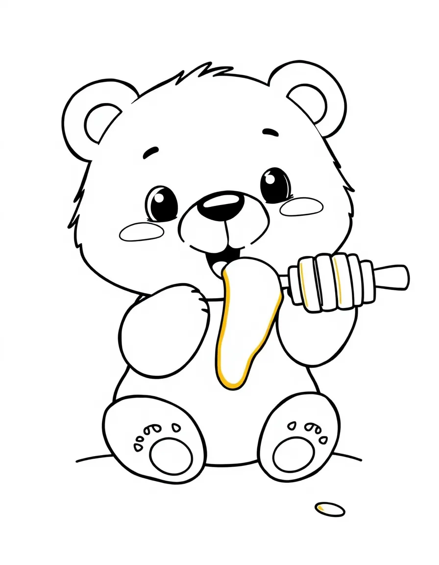 Cute cartoon bear eating honey coloring book page
