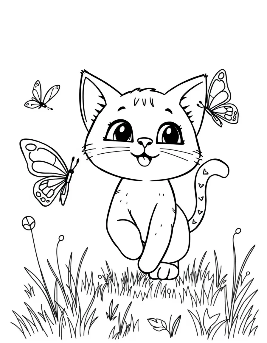 Cute cartoon cat chasing a butterfly coloring book page