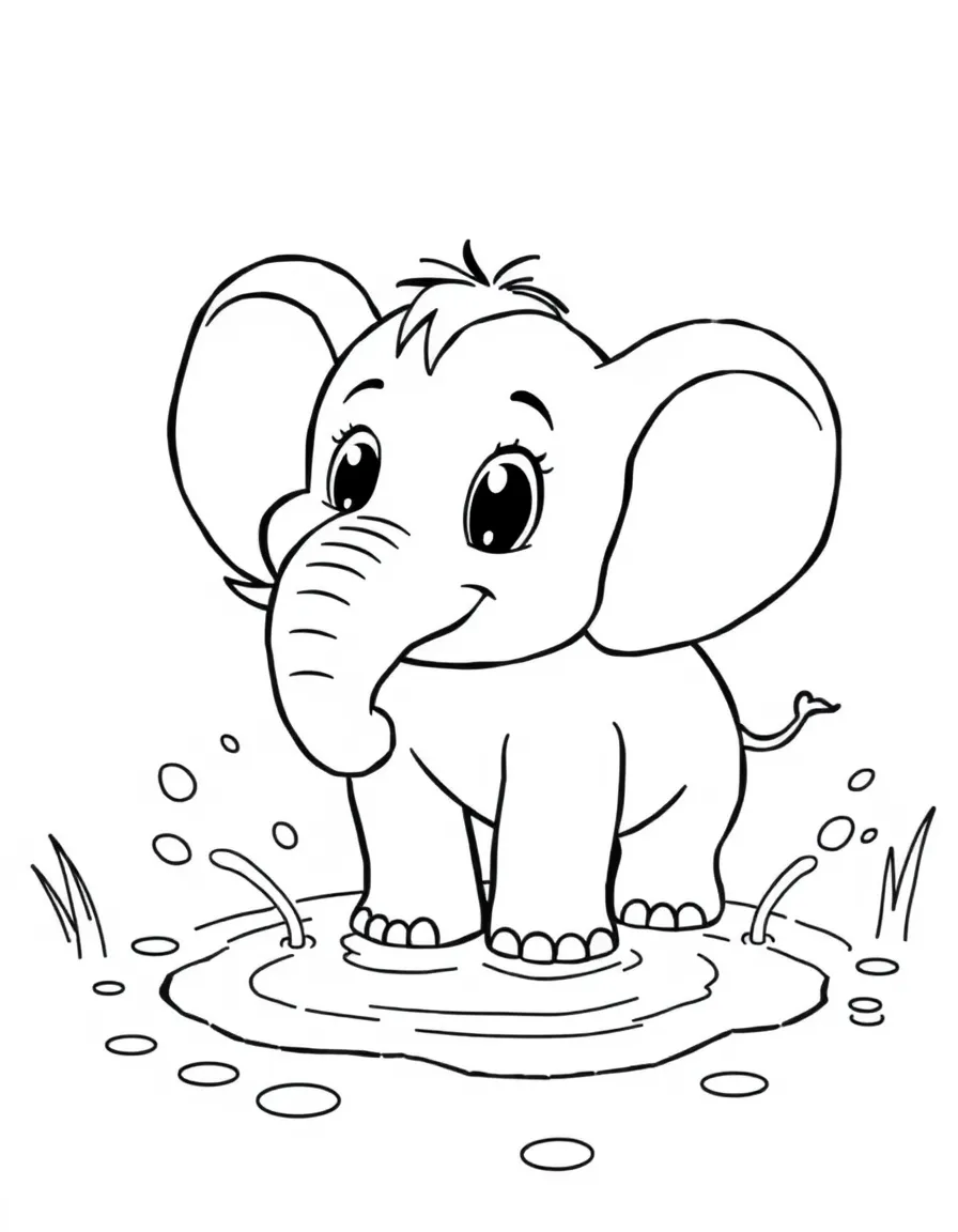Cute cartoon elephant splashing in a puddle coloring book page