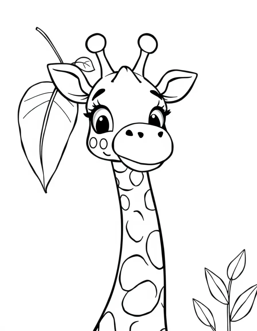 Cute cartoon giraffe reaching for a leaf coloring book page