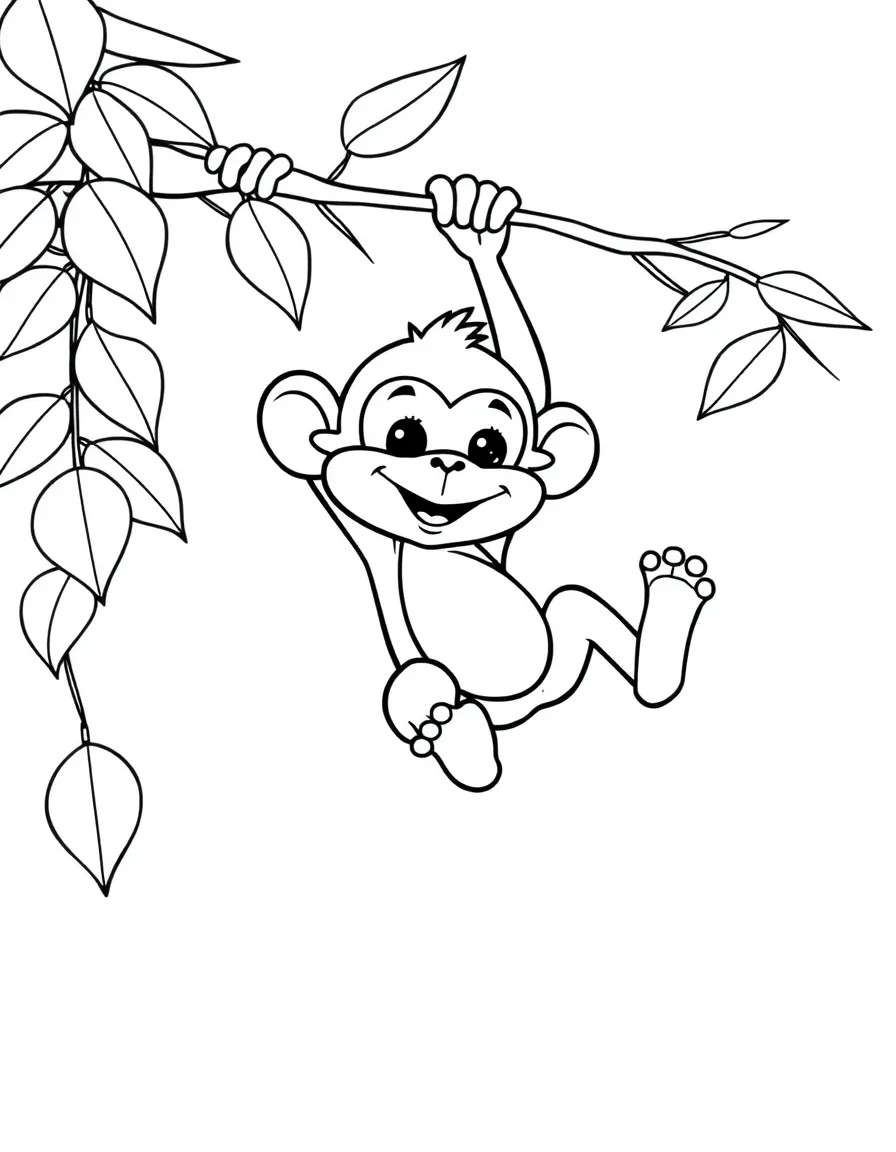 Cute cartoon monkey swinging on a vine coloring book page