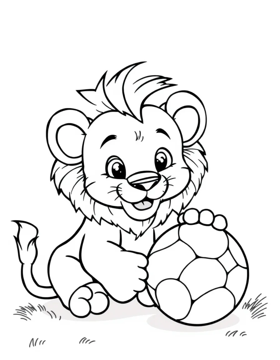 Cute cartoon lion cub playing with a ball coloring book page