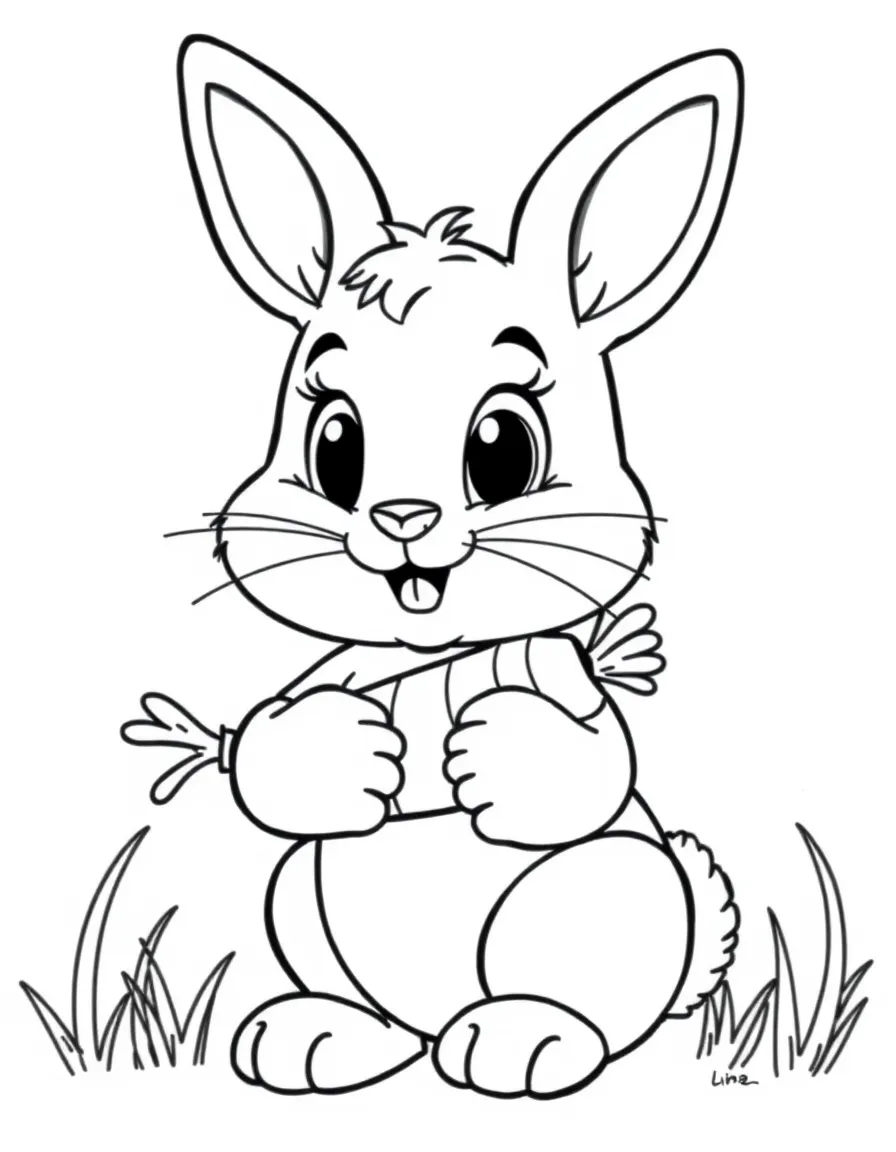 Cute cartoon bunny holding a carrot coloring book page