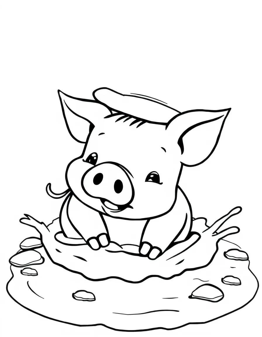 Cute cartoon pig rolling in mud coloring book page