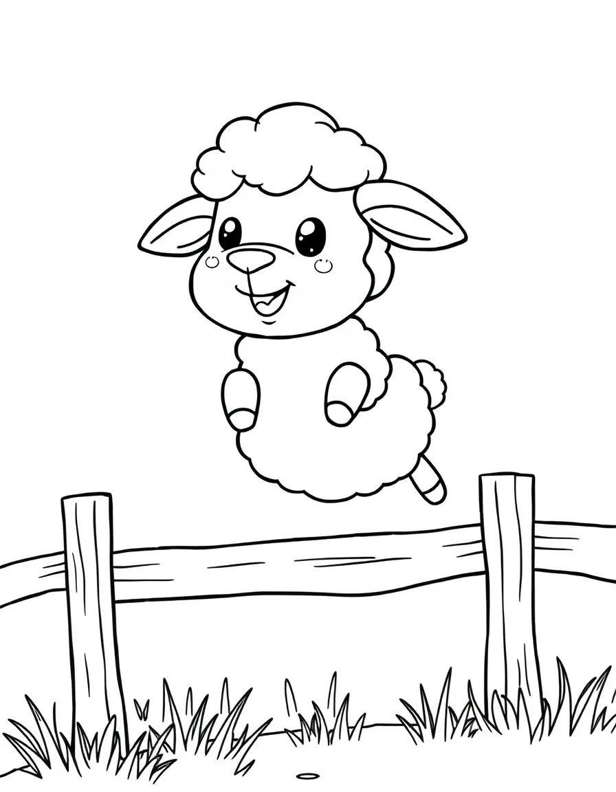 Cute cartoon sheep jumping over a fence coloring book page