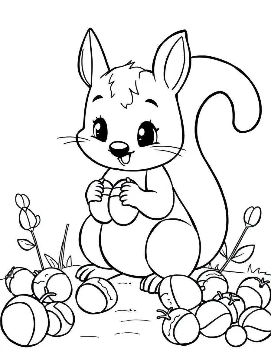 Cute cartoon squirrel gathering acorns coloring book page