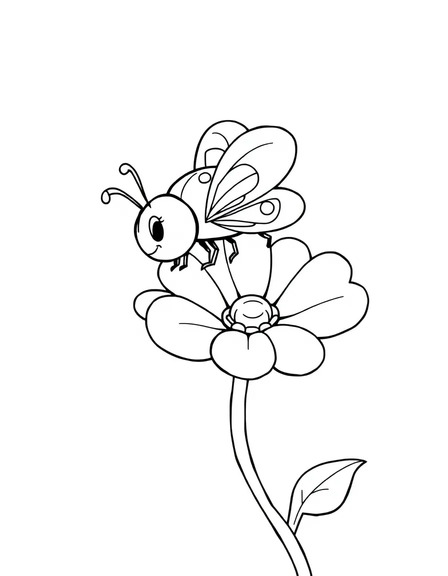 Cute cartoon ladybug flying over a flower coloring book page