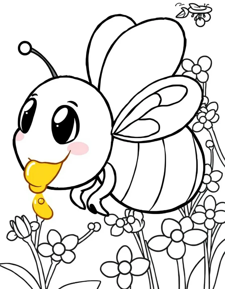 Cute cartoon bee collecting nectar coloring book page