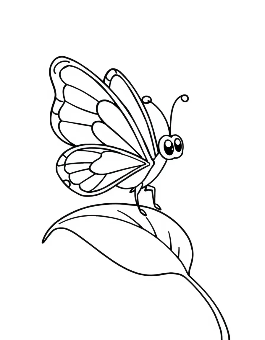 Cute cartoon butterfly landing on a leaf coloring book page