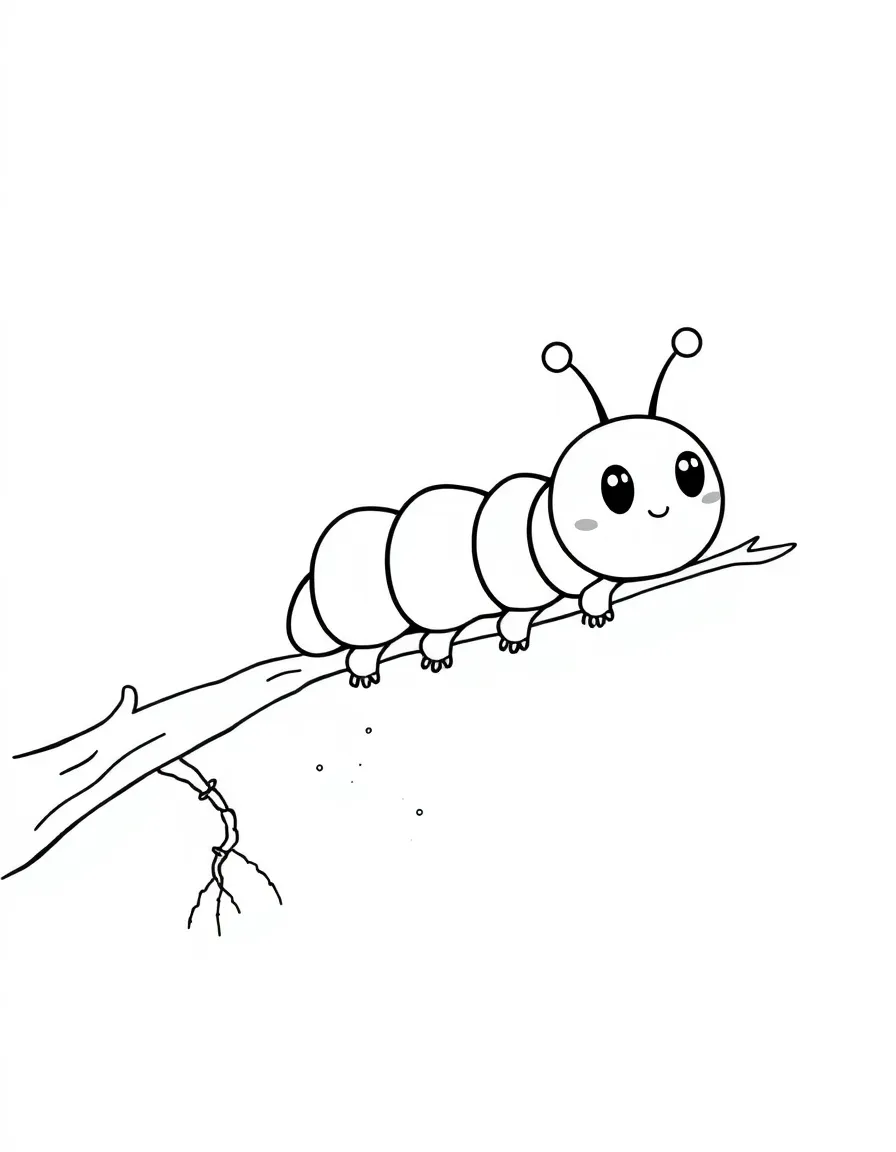 Cute cartoon caterpillar crawling on a branch coloring book page