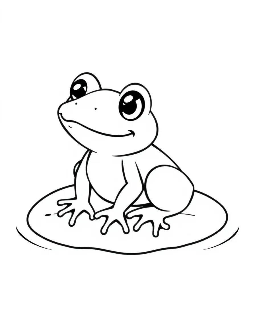 Cute cartoon frog sitting on a lily pad coloring book page