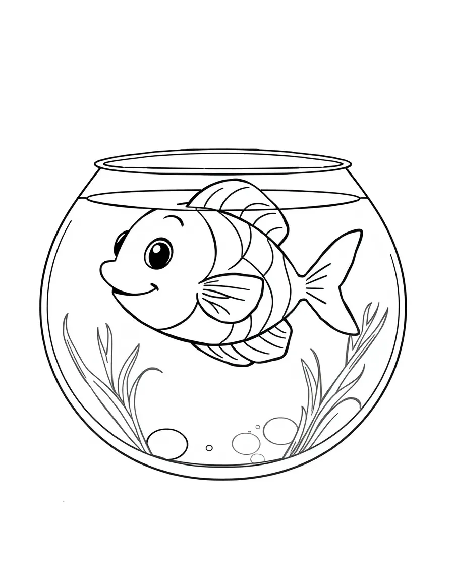 Cute cartoon fish swimming in a bowl coloring book page