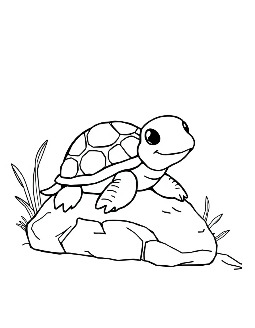 Cute cartoon turtle sunbathing on a rock coloring book page