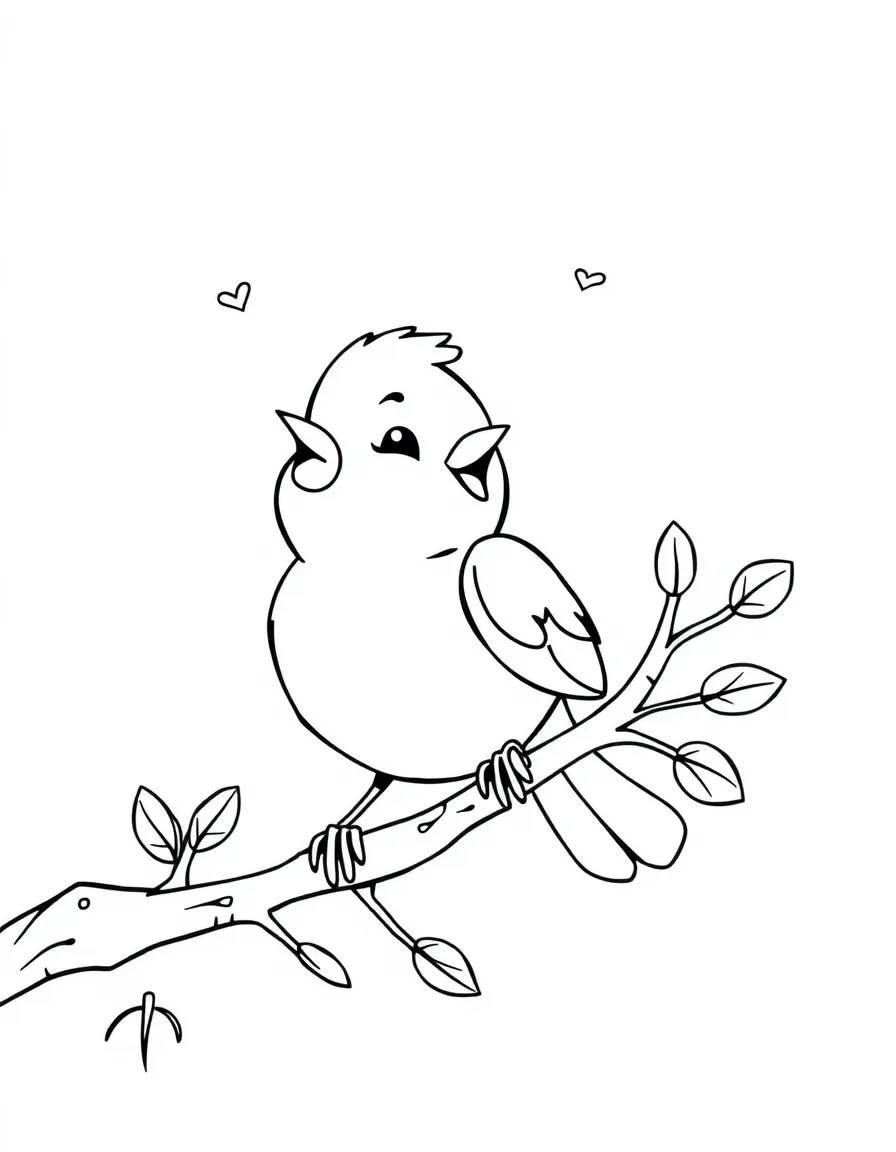 Cute cartoon bird singing on a branch coloring book page