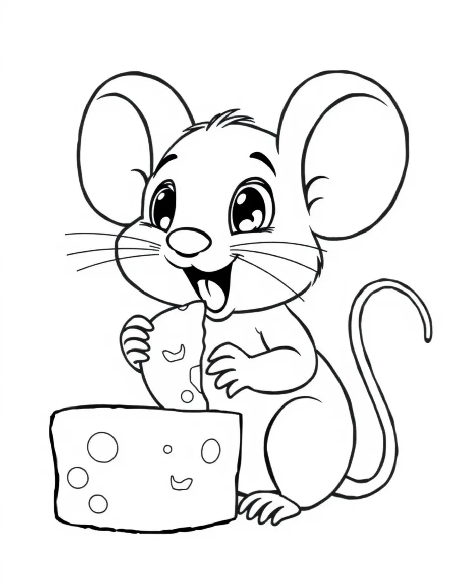 Cute cartoon mouse eating cheese coloring book page