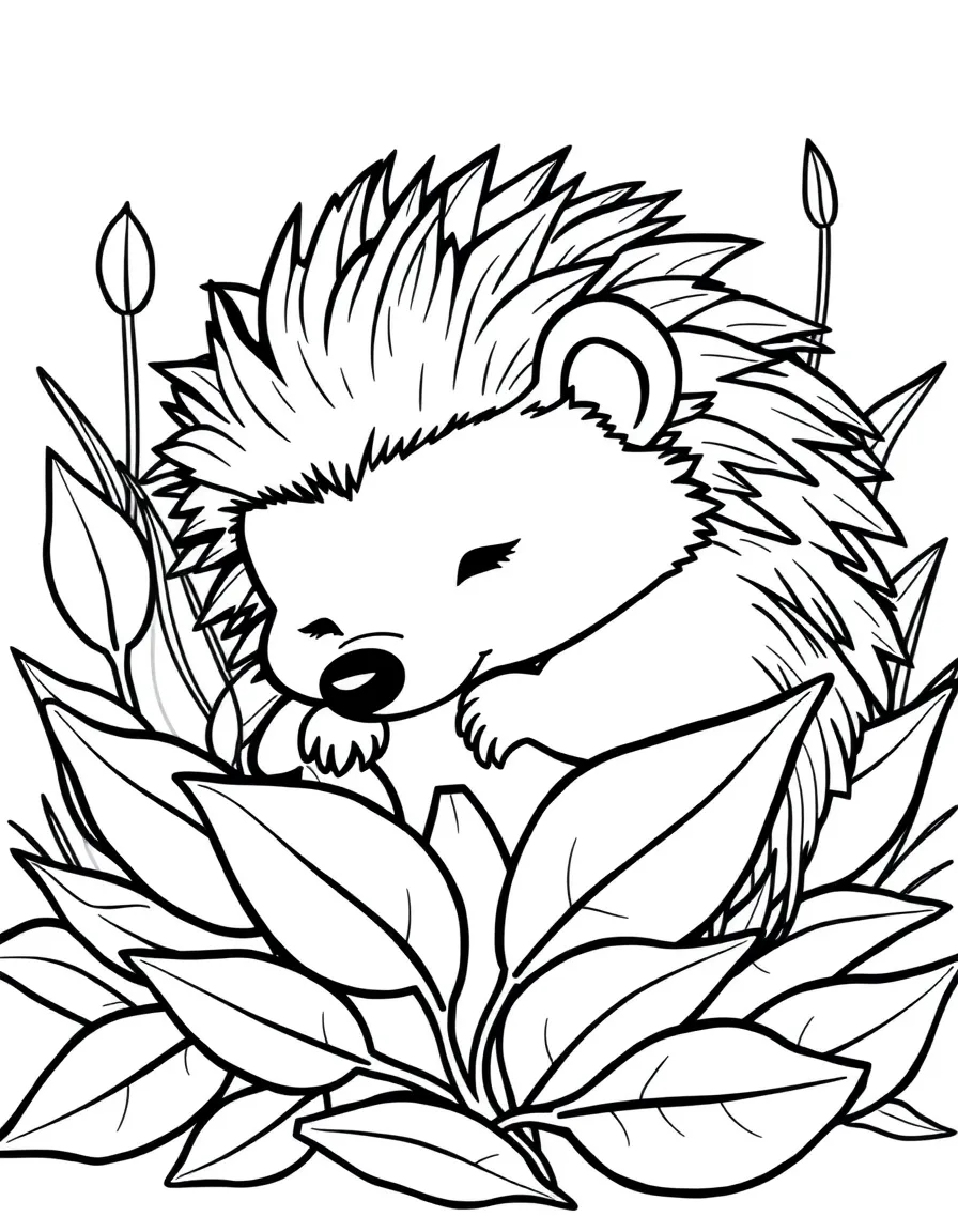 Cute cartoon hedgehog curled up in leaves coloring book page