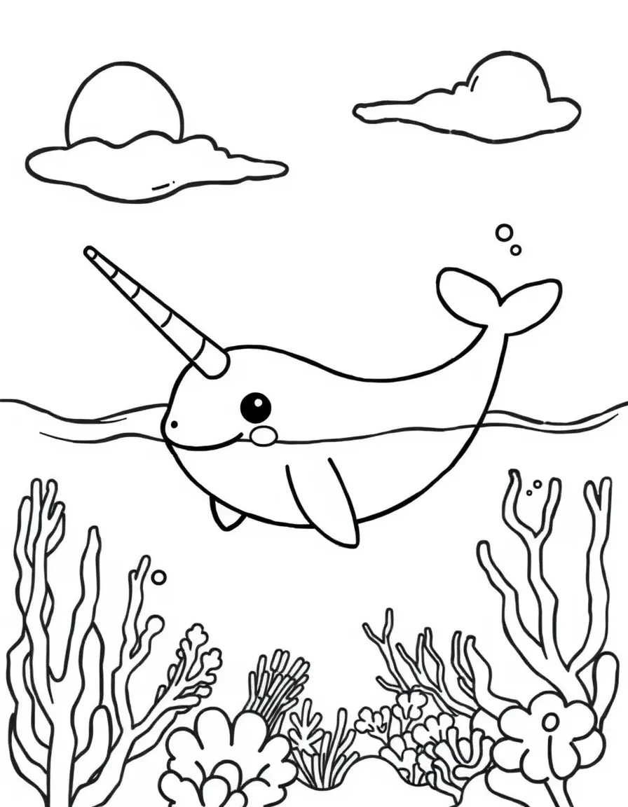 Cute cartoon narwhal swimming in the ocean coloring book page