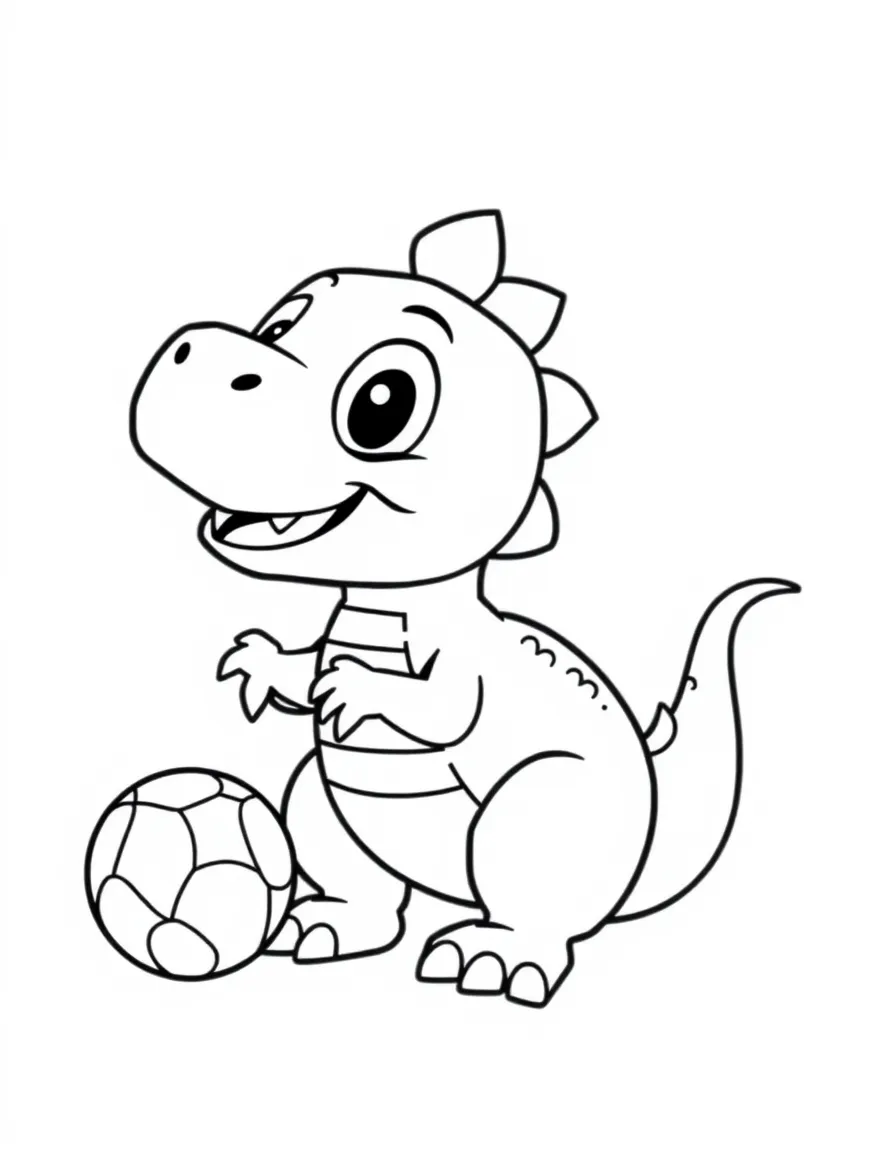 Cute cartoon dinosaur playing with a ball coloring book page