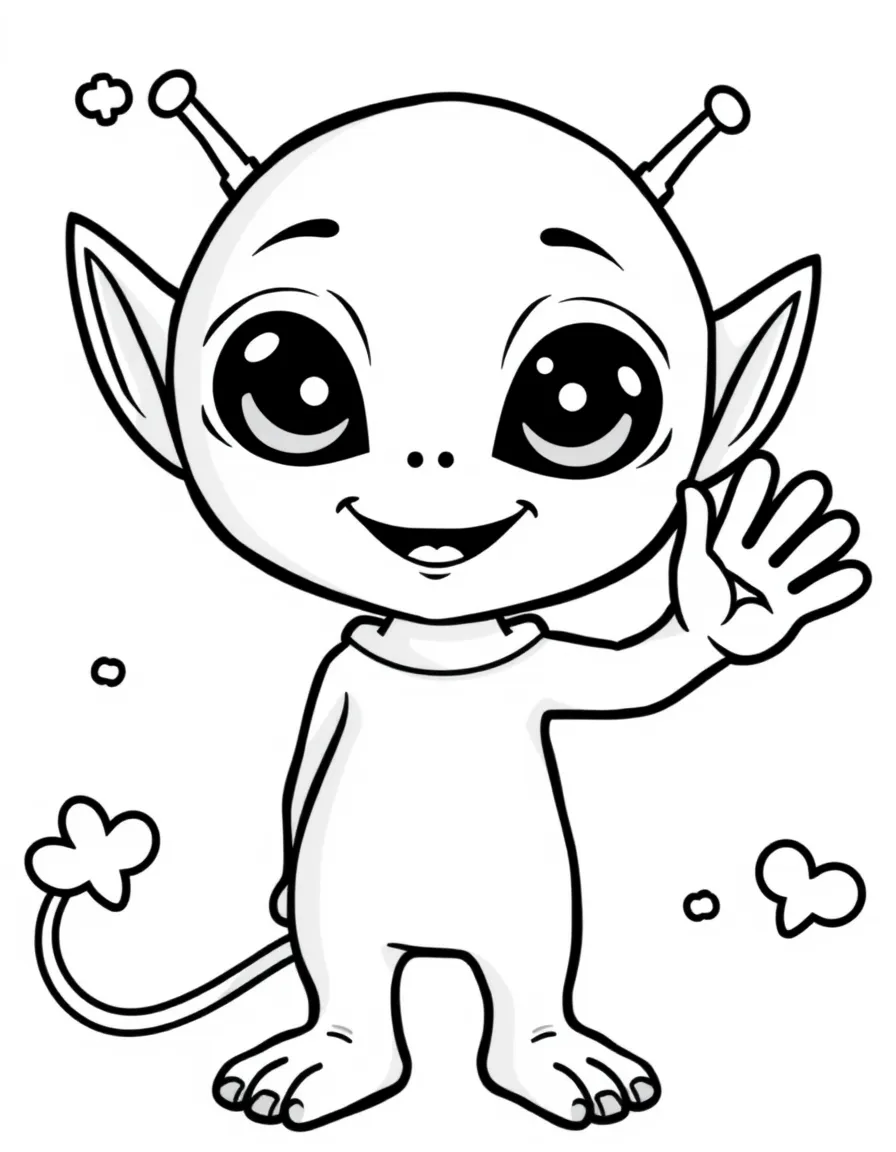 Cute cartoon alien waving hello coloring book page