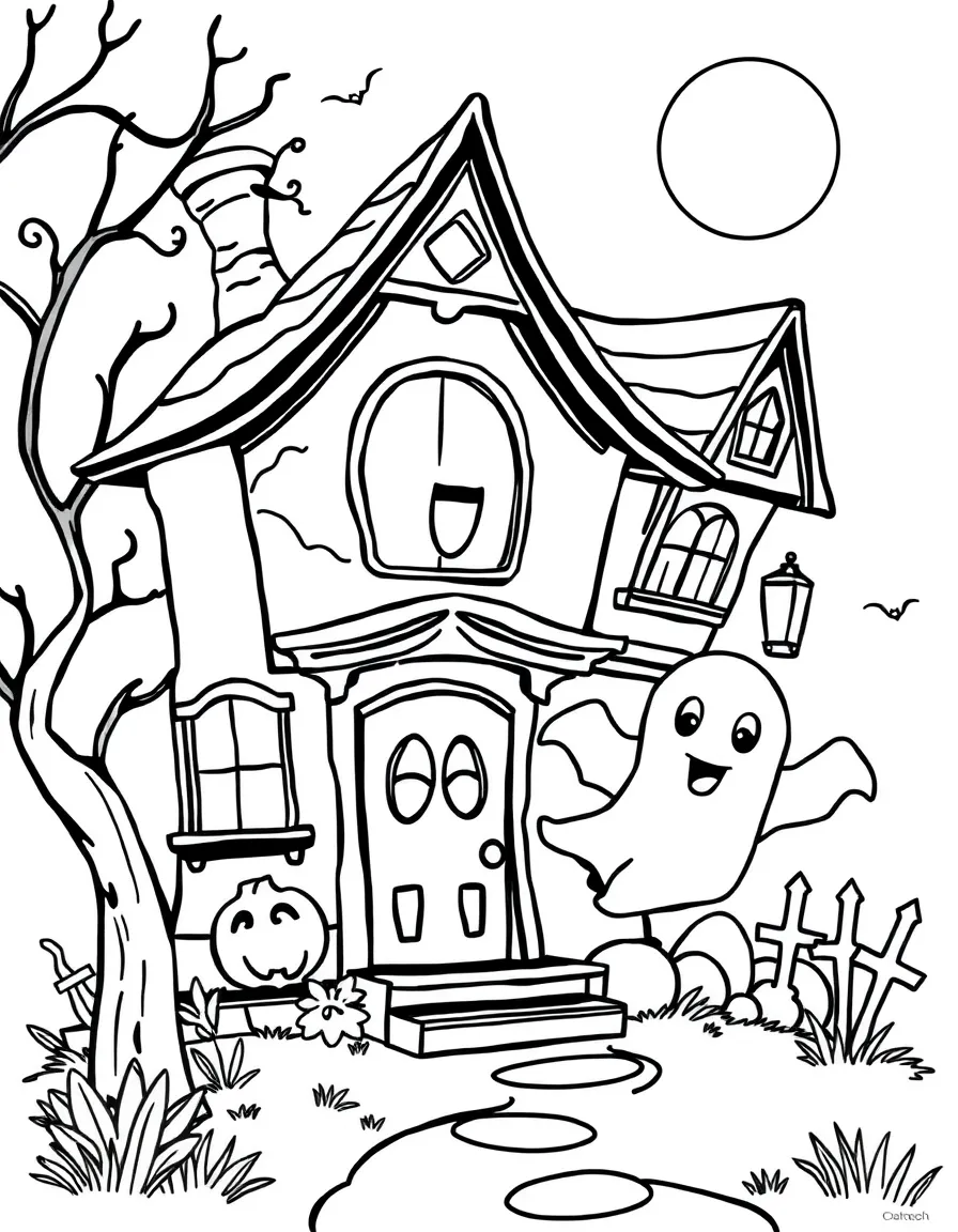 Cute cartoon ghost flying through a haunted house coloring book page