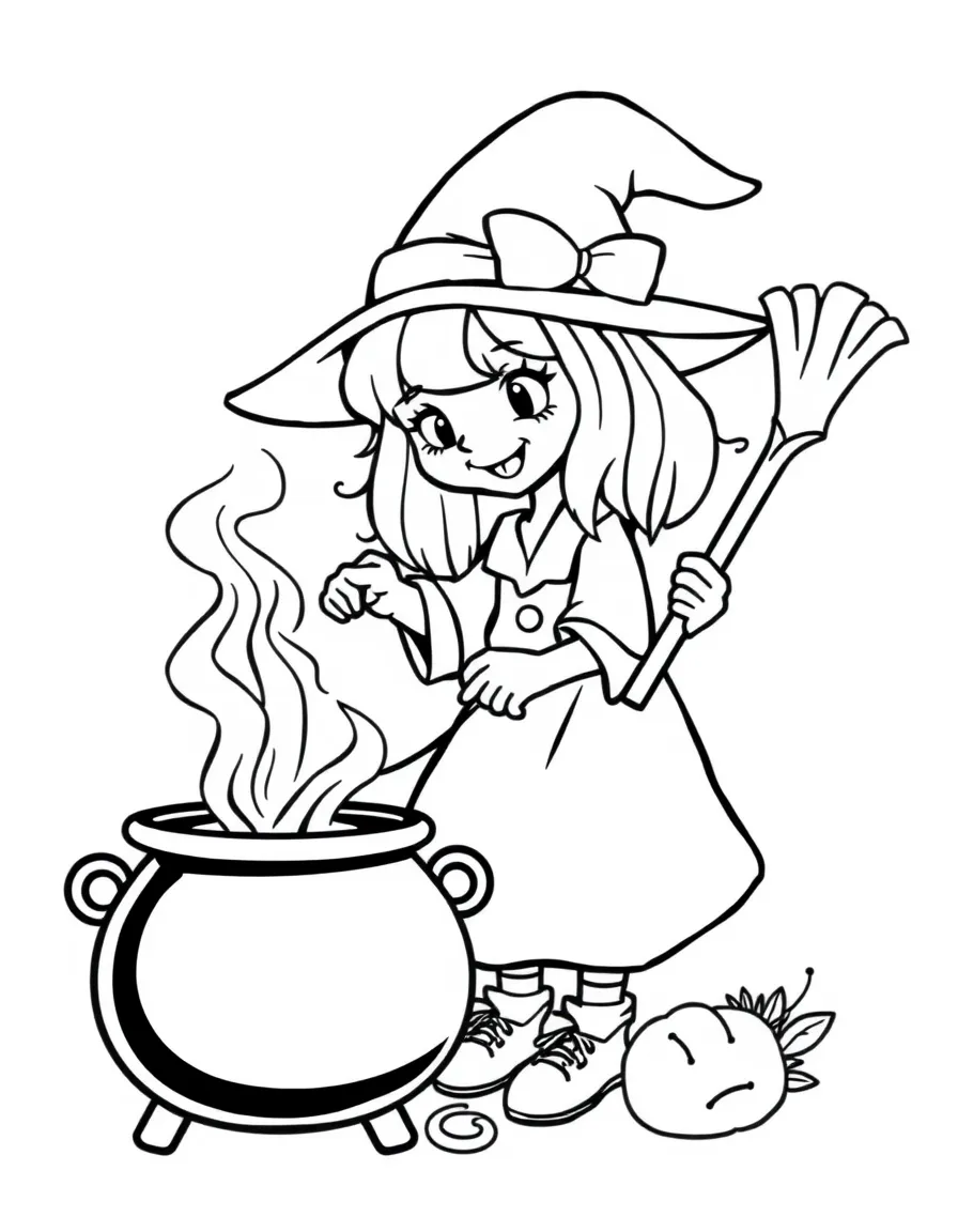 Cute cartoon witch stirring a cauldron coloring book page