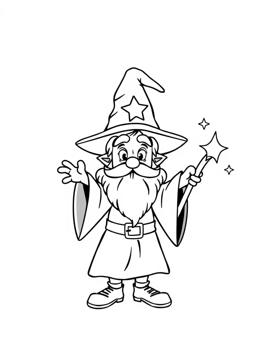 Cute cartoon wizard casting a spell coloring book page