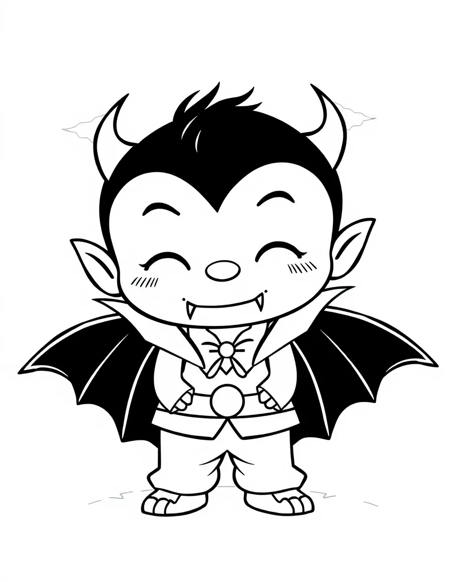Cute cartoon vampire with tiny fangs coloring book page