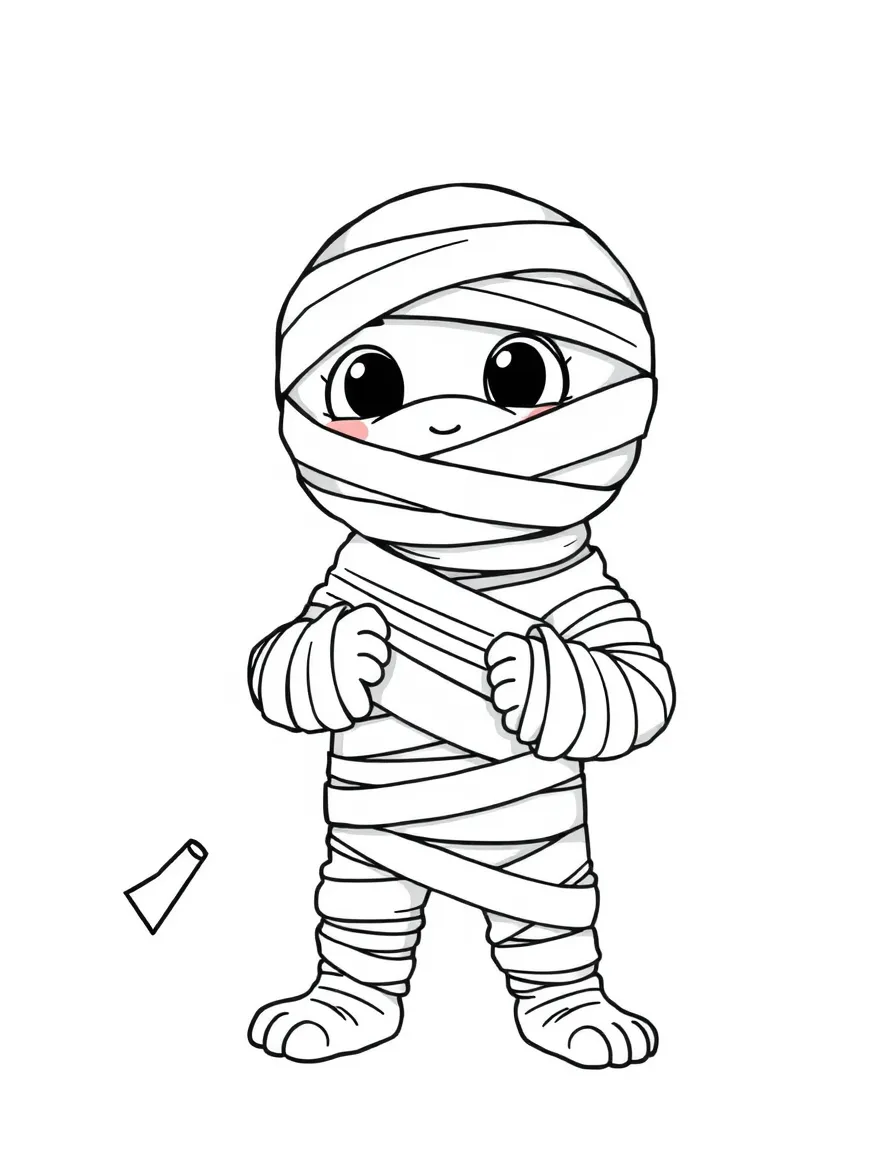 Cute cartoon mummy unwrapping himself coloring book page