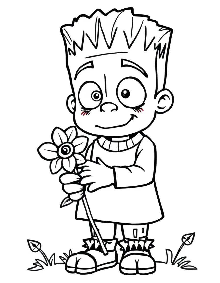 Cute cartoon Frankenstein's monster holding a flower coloring book page