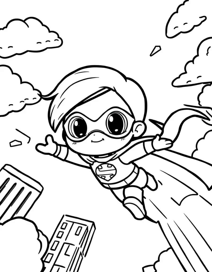 Cute cartoon superhero flying through the sky coloring book page
