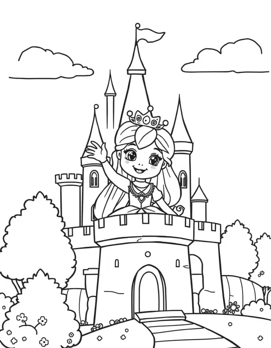 Cute cartoon princess waving from a castle coloring book page