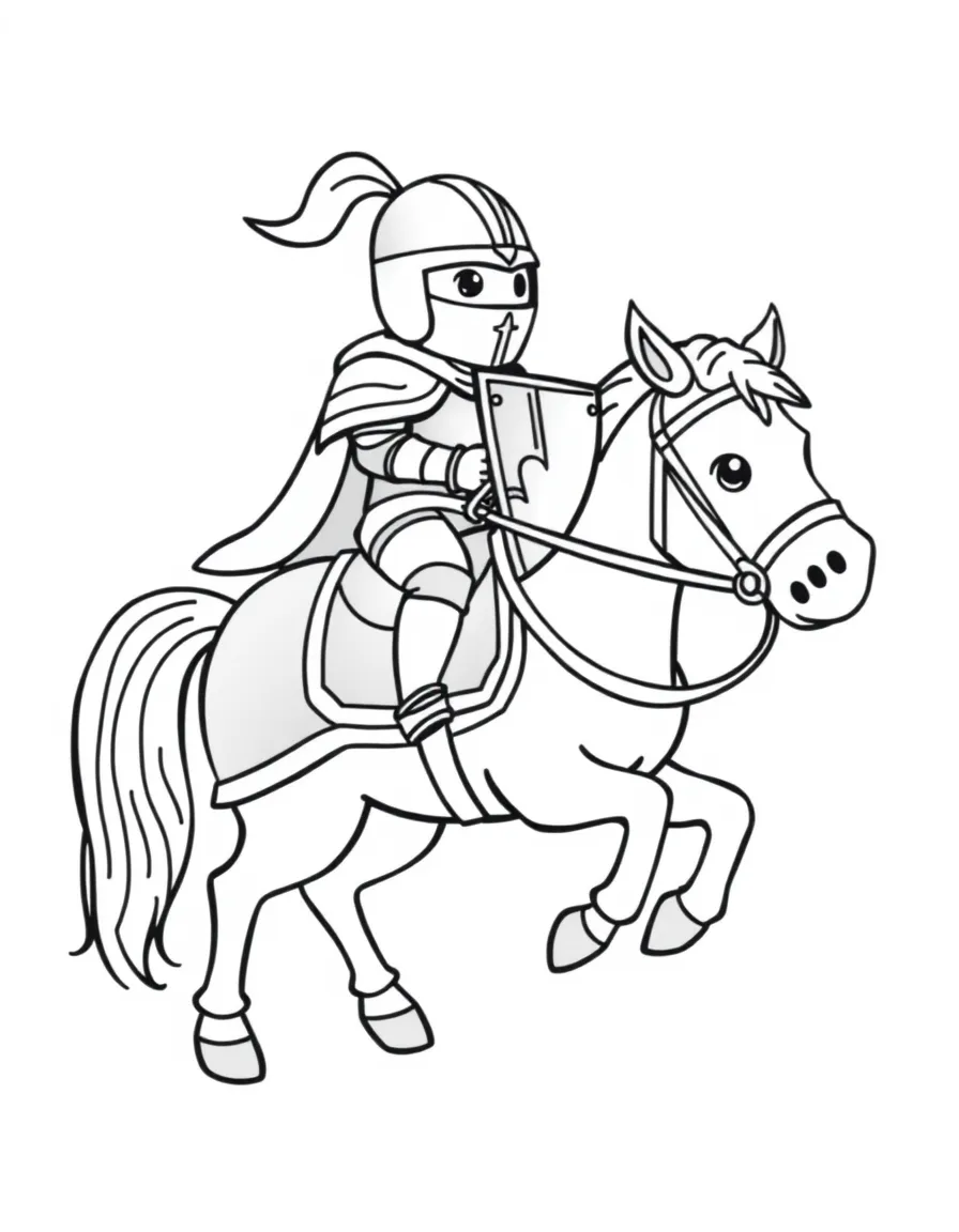 Cute cartoon knight riding a horse coloring book page