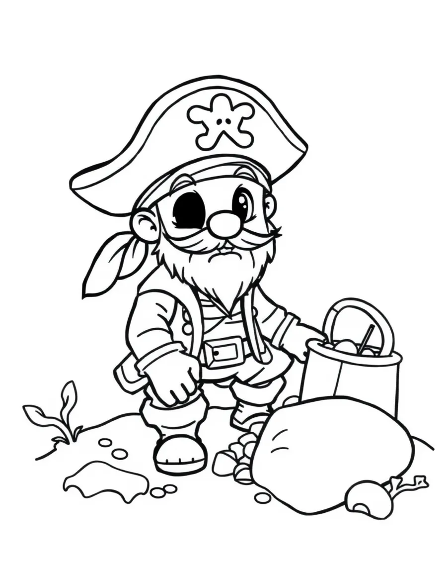 Cute cartoon pirate digging for treasure coloring book page