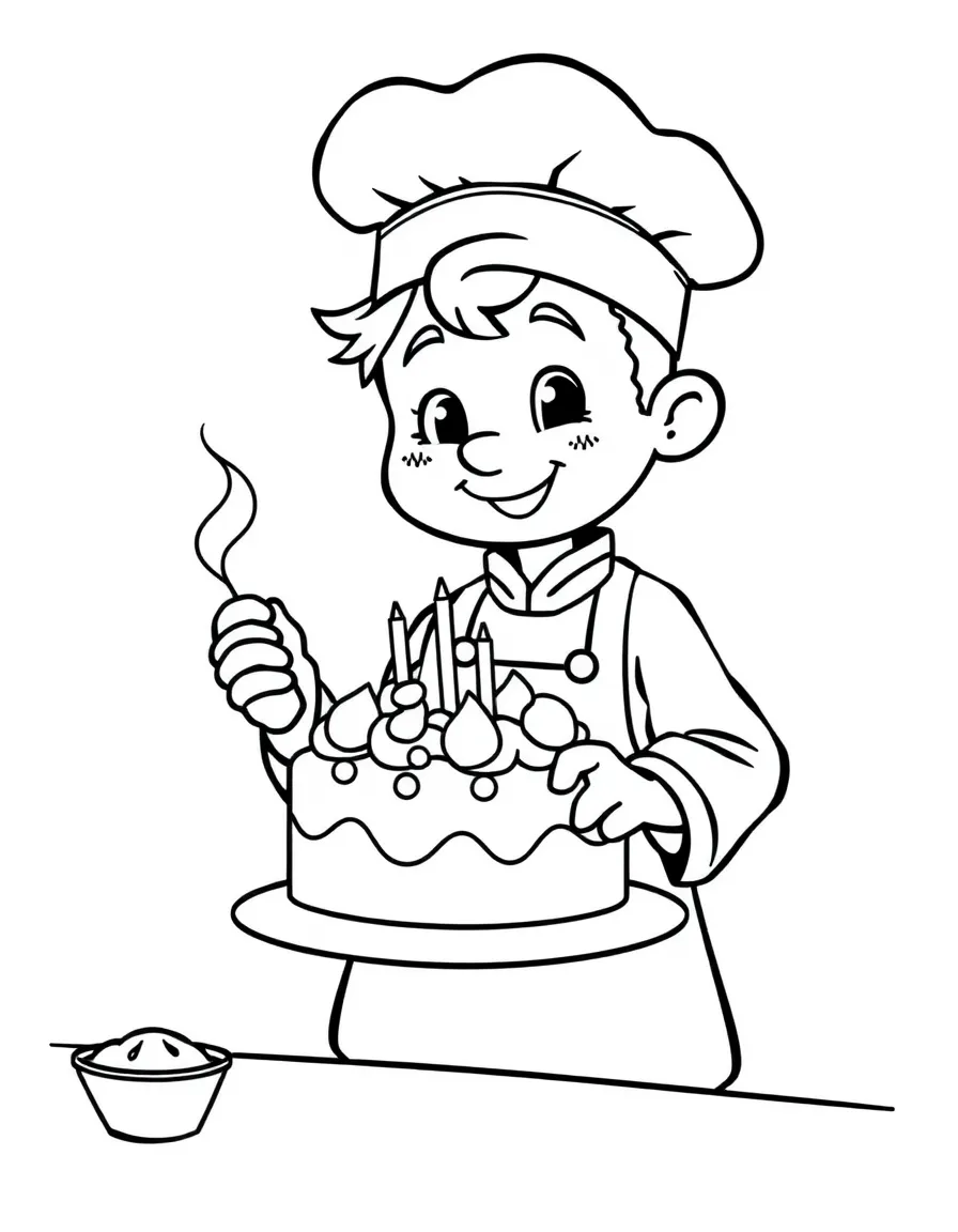Cute cartoon chef baking a cake coloring book page