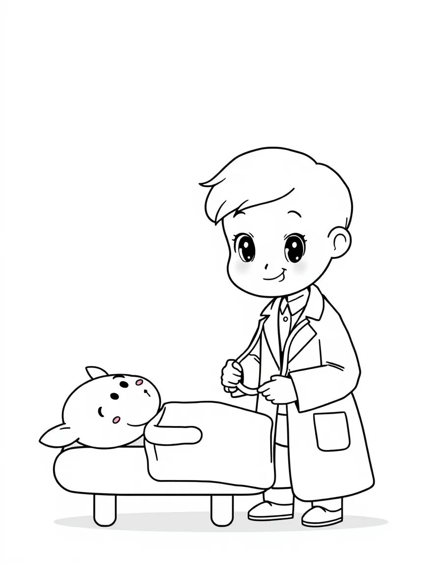Cute cartoon doctor helping a patient coloring book page