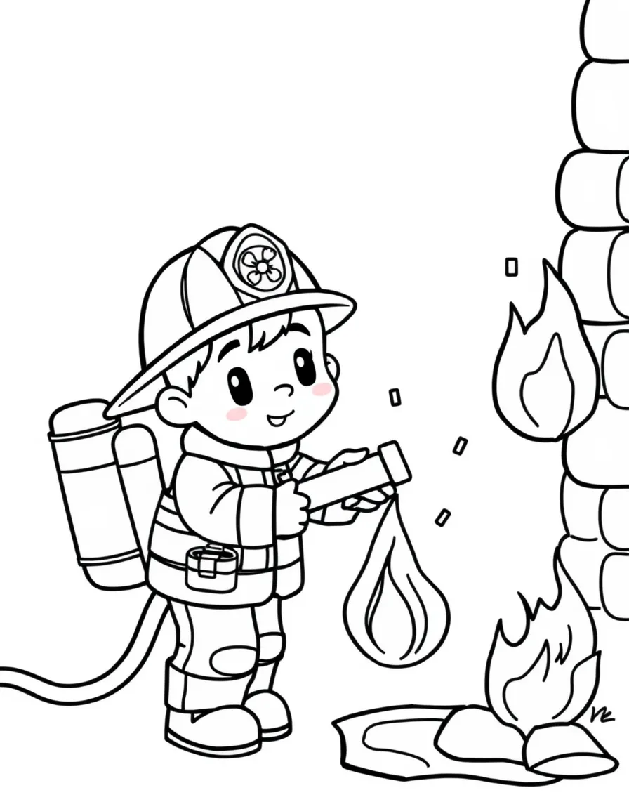 Cute cartoon firefighter putting out a small fire coloring book page
