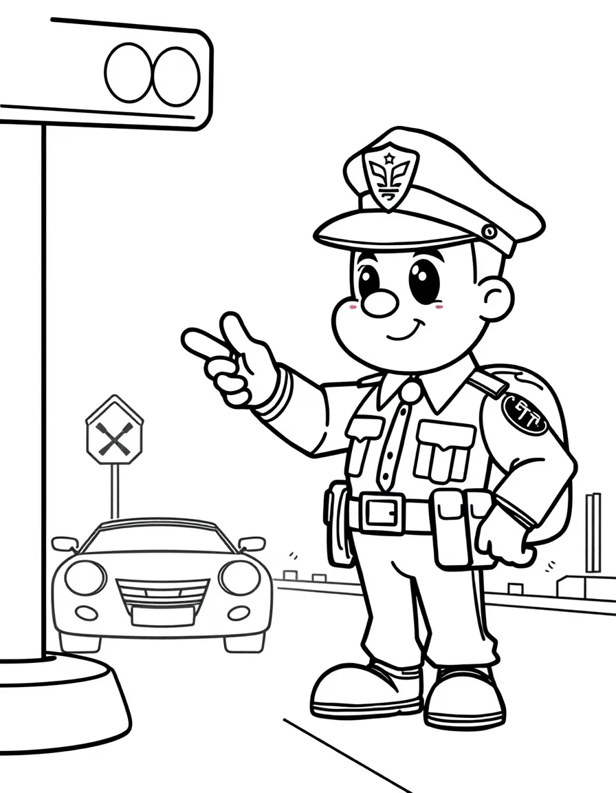Cute cartoon police officer directing traffic coloring book page