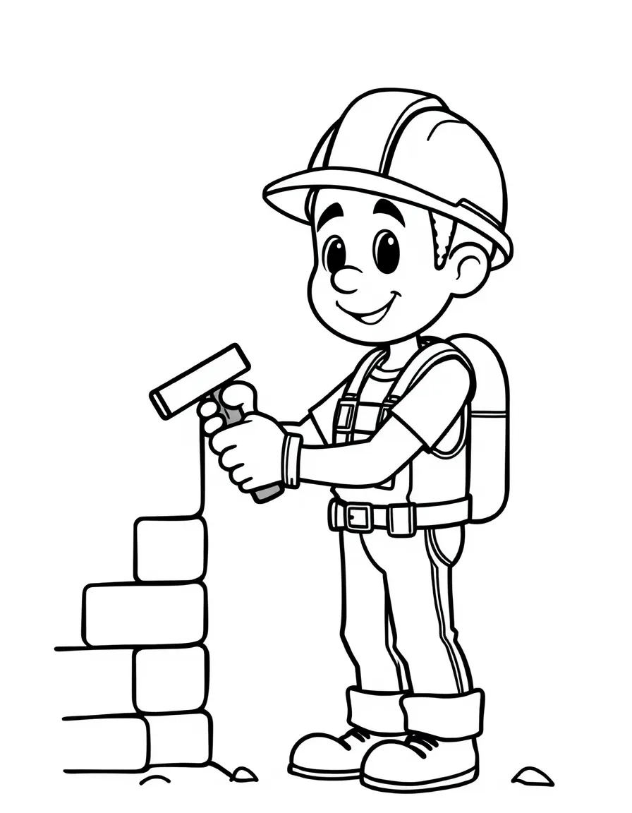 Cute cartoon construction worker building a wall coloring book page
